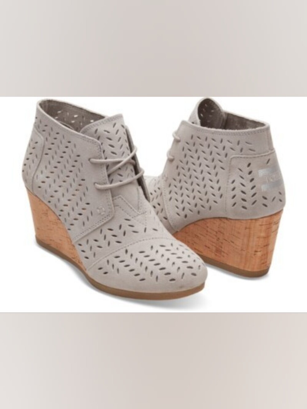 Toms Light Gray Perforated Cork Wedge Booties